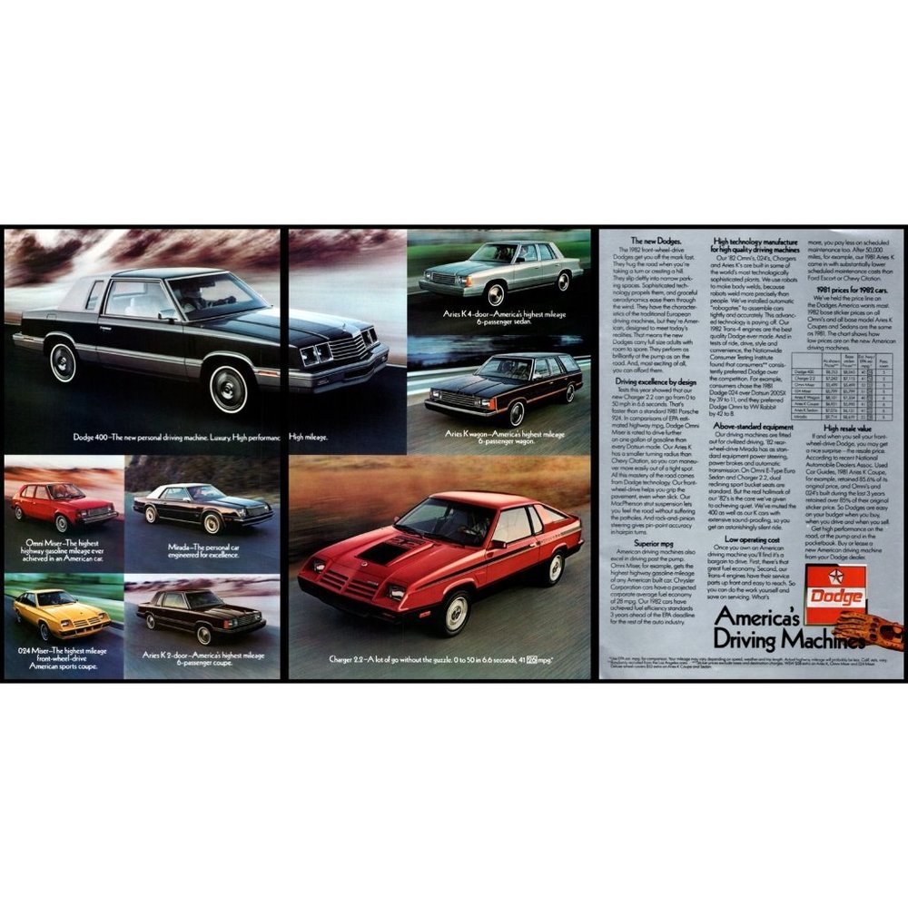 1982 Dodge Car Lineup 3 Page Vintage Print Ad Charger, Mirada, K Car Wall Art
